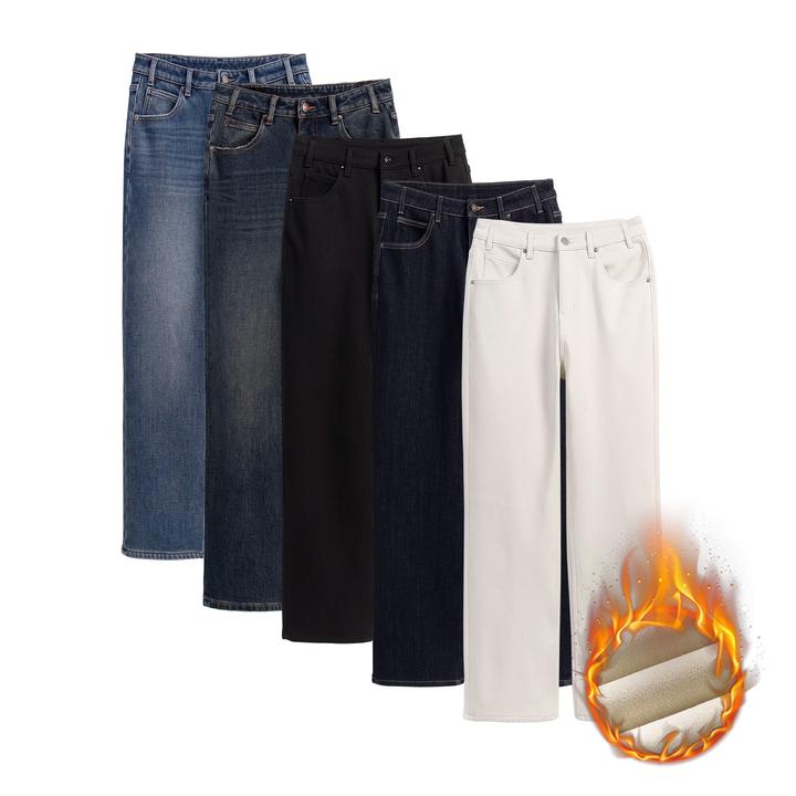 自媒体【长腿标杆】秋冬加绒四面弹窄版直筒牛仔裤苹果型梨形身材75