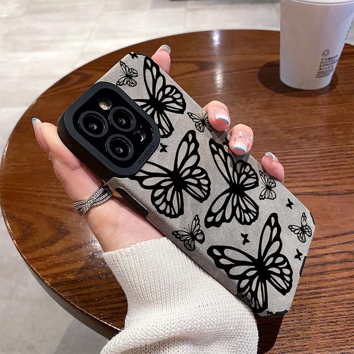 黑色蝴蝶适用苹果17新款iPhone17pro防摔16手机壳15翻毛皮14校园X