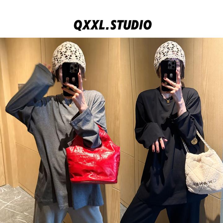 邱小小丽呀 秋季新款纯色基础圆领T恤女加厚百搭显瘦长袖打底上衣