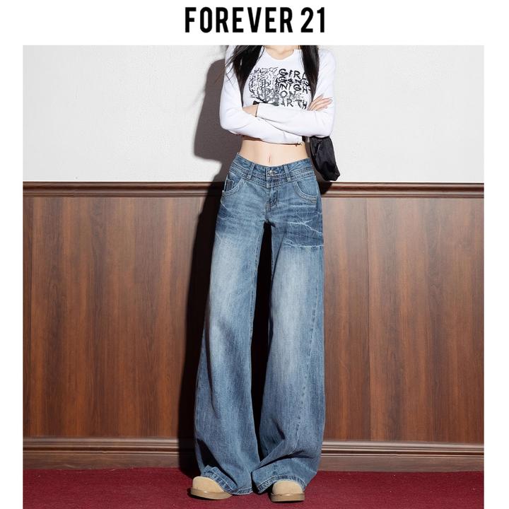 Forever 21复古水洗蓝牛仔秋季新款美式高街低腰宽松直筒拖地裤女