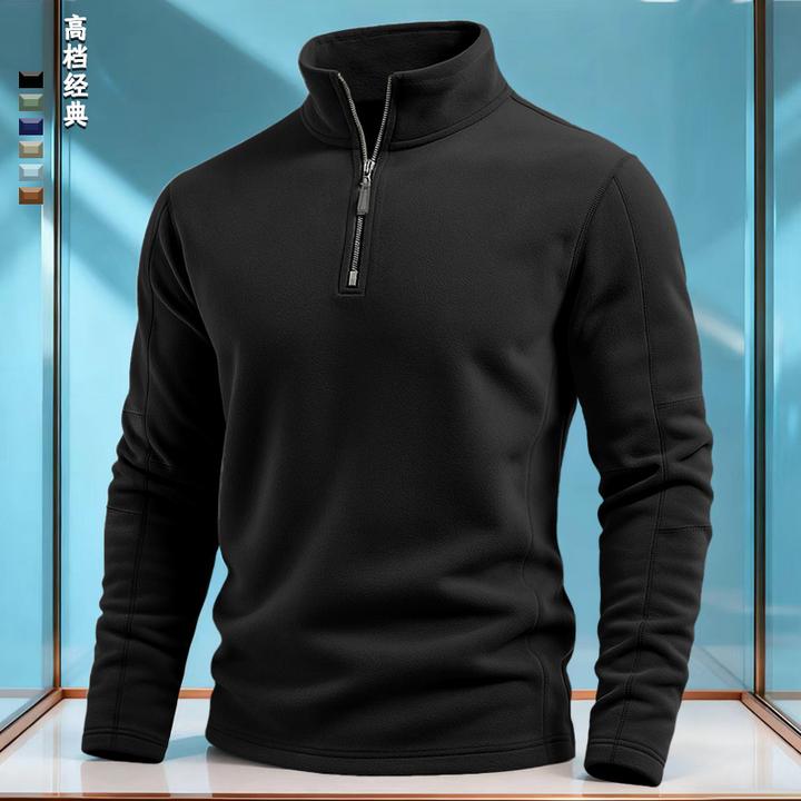 秋冬新款男装黑色摇粒绒卫衣保暖休闲长袖加厚半拉链立领套头上衣