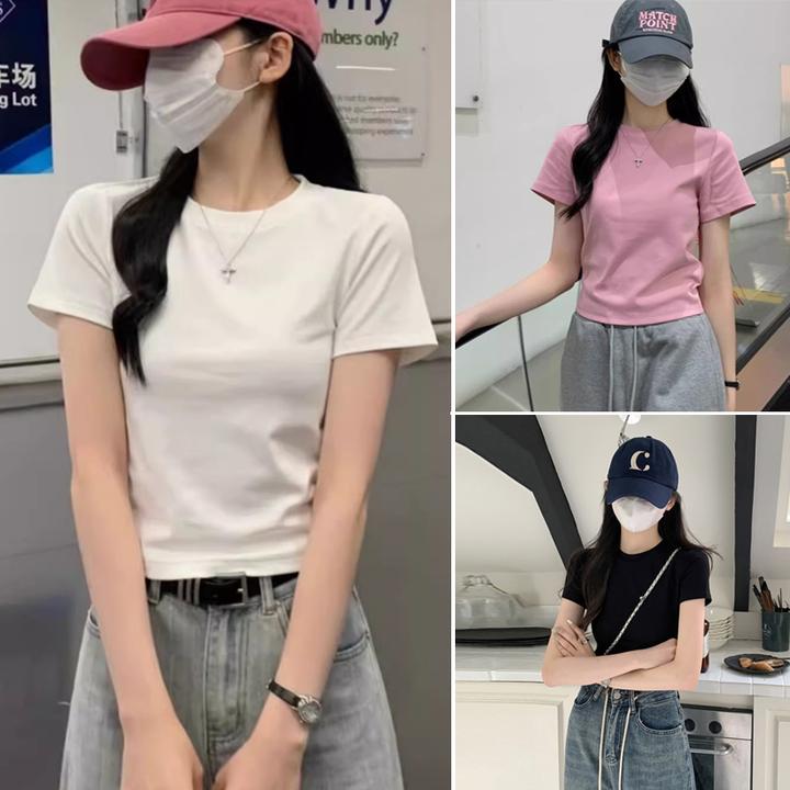 正肩短袖t恤女修身显瘦甜酷风短款辣妹打底体恤韩版ins高腰度假风