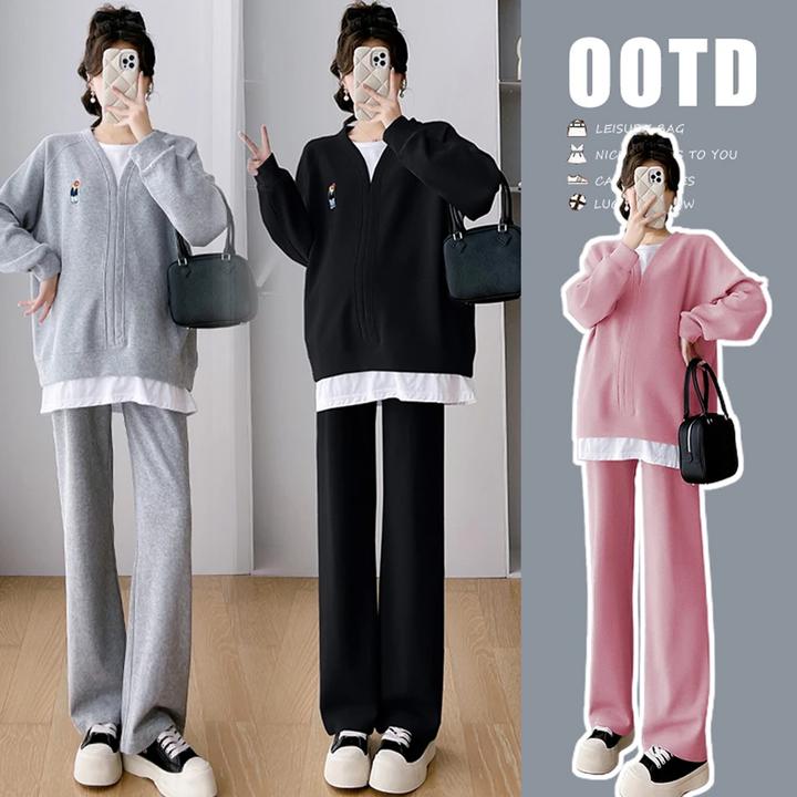 孕妇装2025春秋网红休闲运动风韩版时尚设计感假两件托腹外穿套装