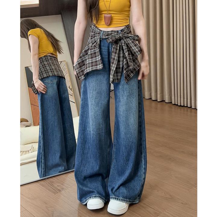 268气质减龄百搭设计感水洗配格纹屁帘显瘦加绒宽松阔腿微喇牛仔