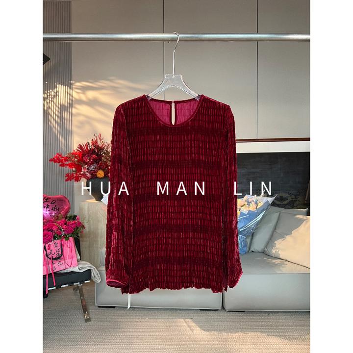 花滿林圆领后扣打揽真丝桑蚕丝丝绒长袖上衣268631