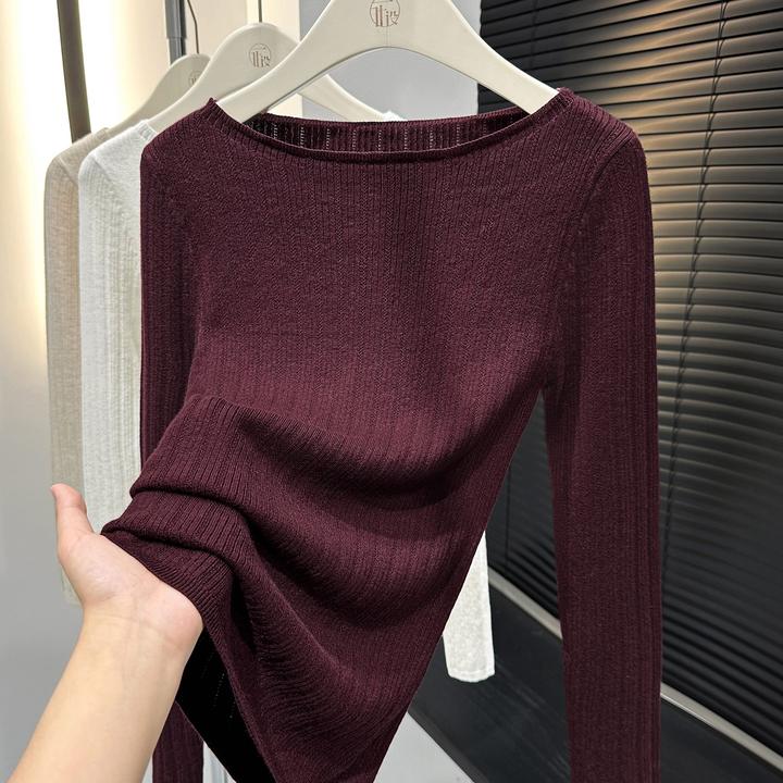 酒红色修身一字领正肩针织衫女新款2025爆款秋冬季精致洋气打底衫