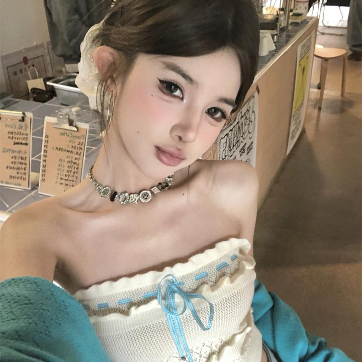 MOONSEE纯欲减龄套装女春设计感蝴蝶结木耳边抹胸针织开衫两件套