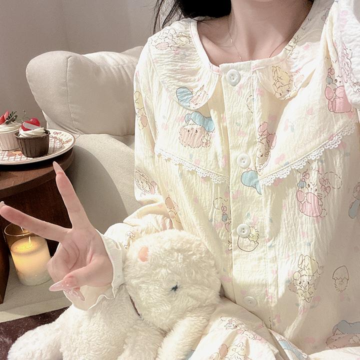 日系甜美mikko睡衣少女带胸垫春秋季泡泡棉长袖薄款家居服两件套