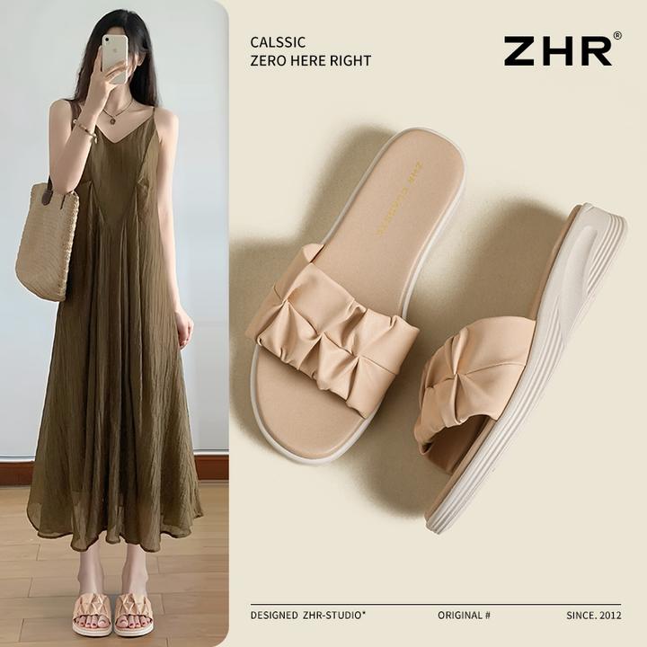 ZHR软底女士一字拖鞋2025夏季新款厚底小坡跟休闲平底凉防滑百搭