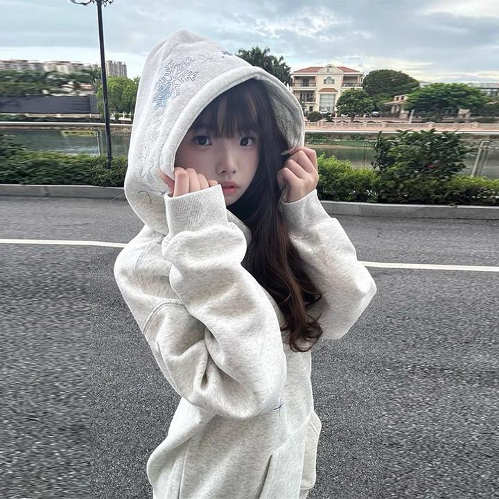 小众潮牌灰色雪花刺绣连帽卫衣女秋冬季百搭宽松加绒加厚外套上衣
