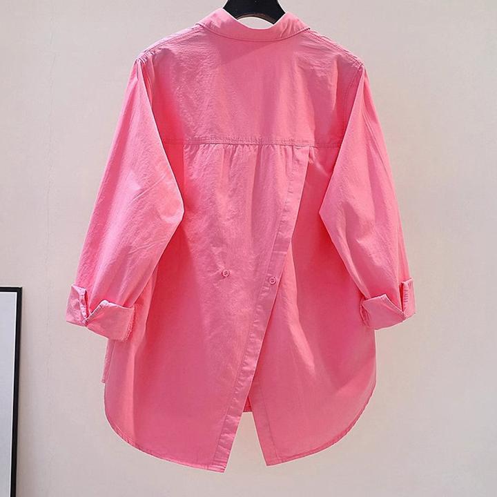 设计感背后开叉玫粉色棉衬衫女宽松长袖衬衣2025春季别致开衫上衣