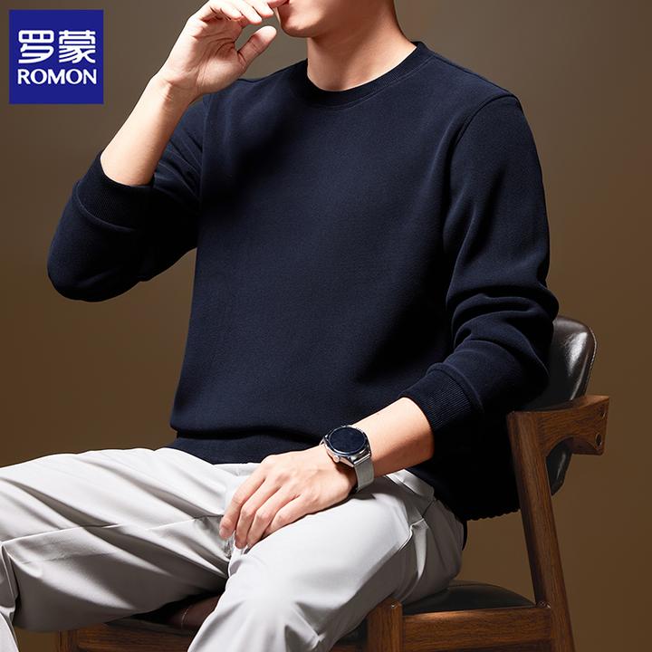 罗蒙2025秋冬男士长袖圆领套头卫衣加绒百搭休闲中青年打底体恤衫