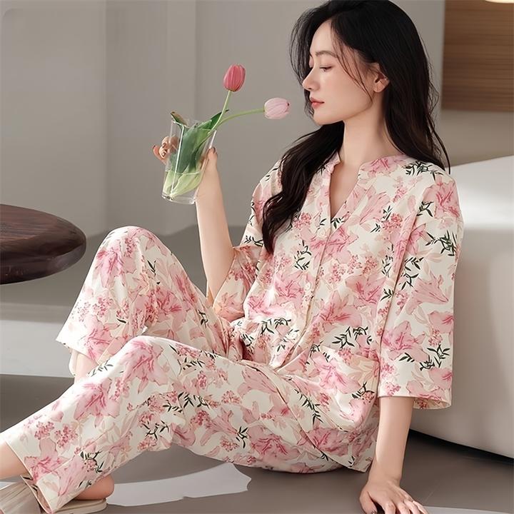 睡衣女休闲家居服七分袖夏季开衫轻薄春夏宽松舒适可外穿套装