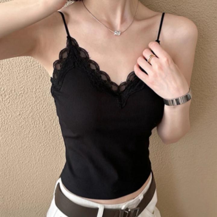 优雅蕾丝吊带背心V领设计带胸垫修身弹力打底内搭