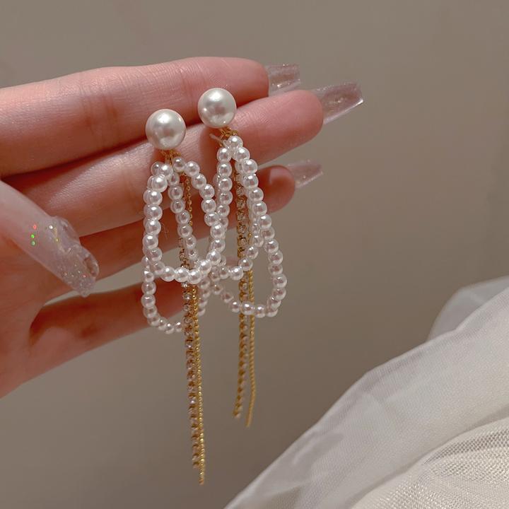 铜合金合成锆石耳饰 奶油小姐」珍珠长款气质流苏耳环蚊香盘无耳洞