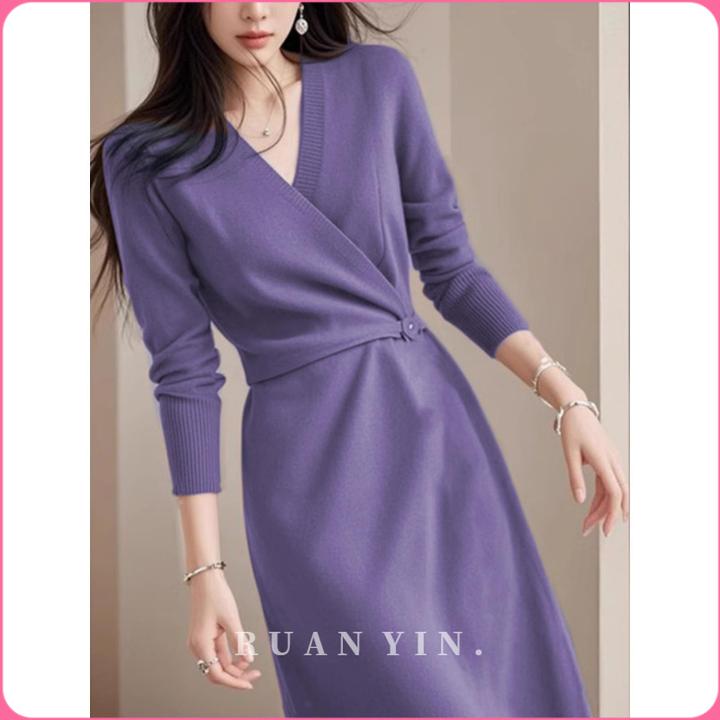 RUAN YIN紫色v领针织连衣裙2025秋季女士新款优雅高端超好看修身