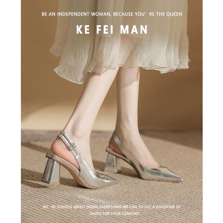 时尚女鞋绝美高跟鞋女2025新款夏季法式气质尖头粗跟单鞋银色