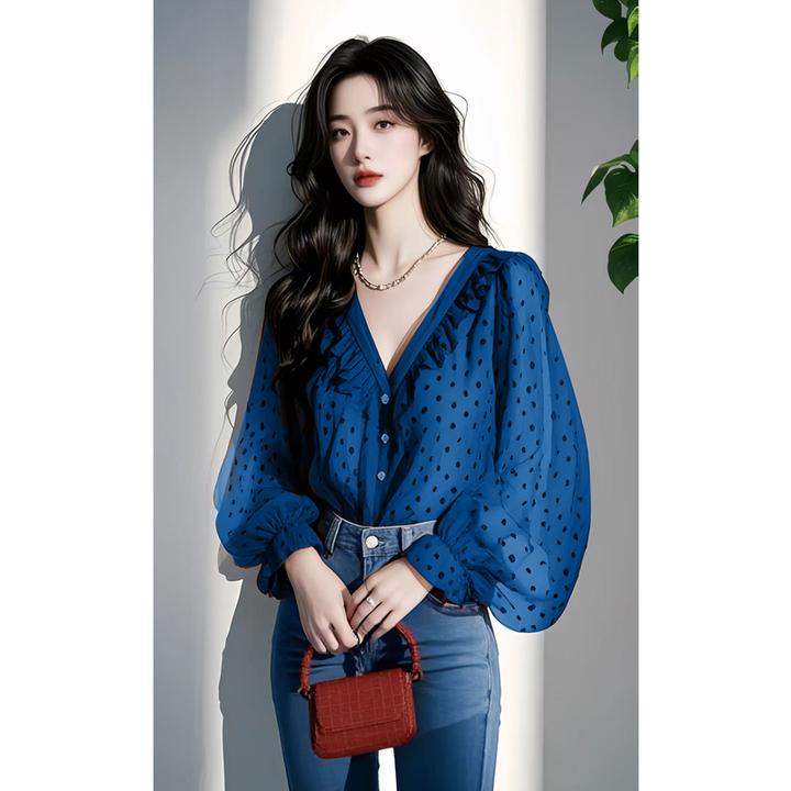 2025新款独特漂亮小衫港风复古v领木耳边雪纺长袖衬衫女春