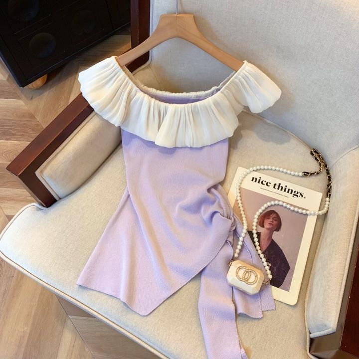 纯欲一字肩荷叶边针织衫女夏新款不规则绑带t恤甜辣别致无袖上衣