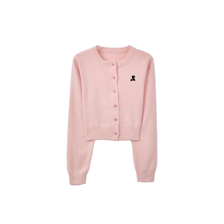 2025早春粉色百搭减龄短款长袖圆领针织开衫-LK606