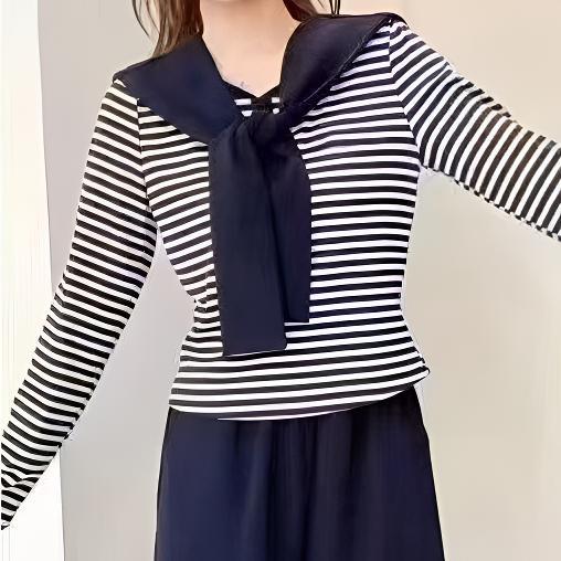 条纹长裤纽扣袖型常规女装减龄长袖打底衫SY-G6318-C25