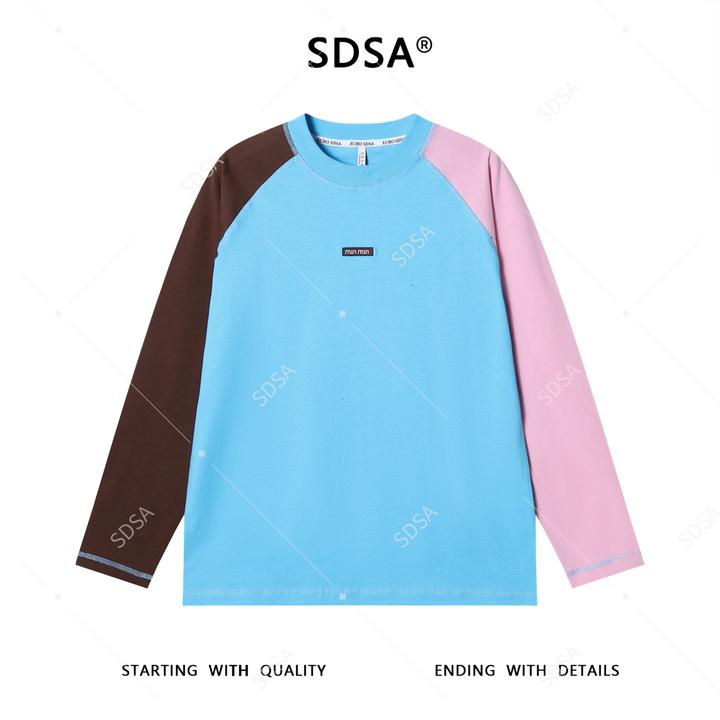 SDSA男士秋冬新款痞帅男装拼色拼接圆领长袖T恤刺绣字母百搭上衣