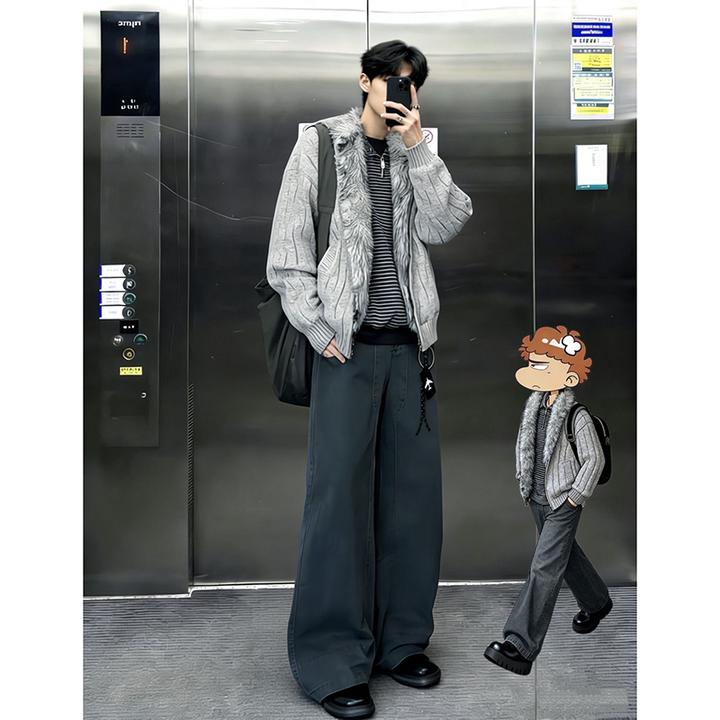 灰色荆刺绞花立领开衫毛衣男秋冬复古cleanfit加绒加厚针织衫外套