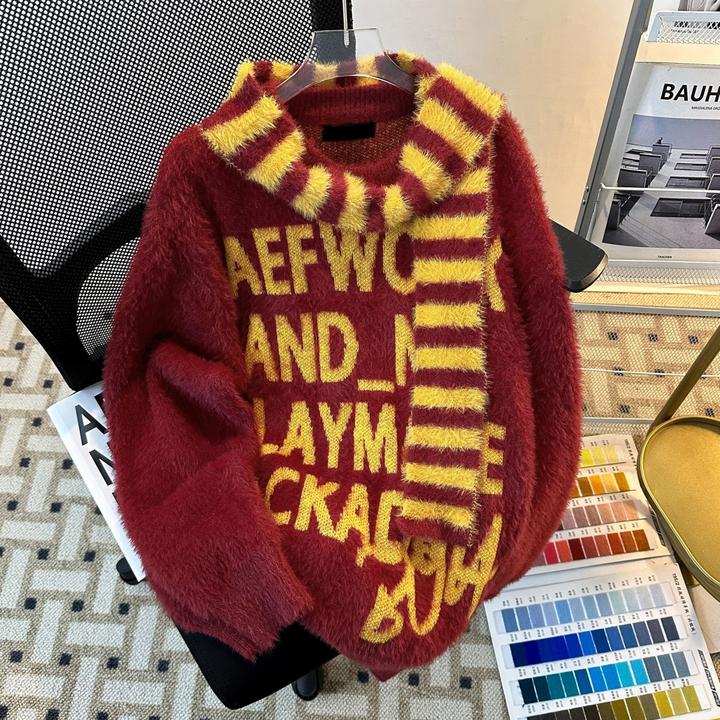 美式复古学院风围巾毛衣女冬季软糯马海毛宽松慵懒套头针织衫上衣