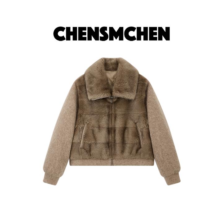 CHENSMCHEN时尚拼接青根貂针织鹅绒外套女气质百搭上衣CSY11044SL