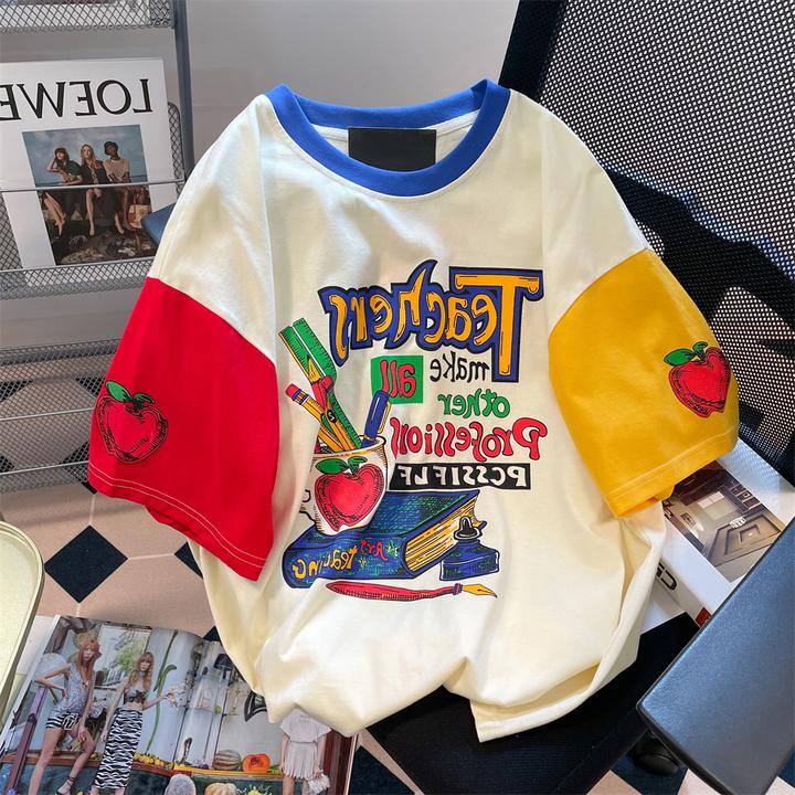 美式chic港味复古撞色大码短袖t恤男女夏季潮牌高级感小个子上衣