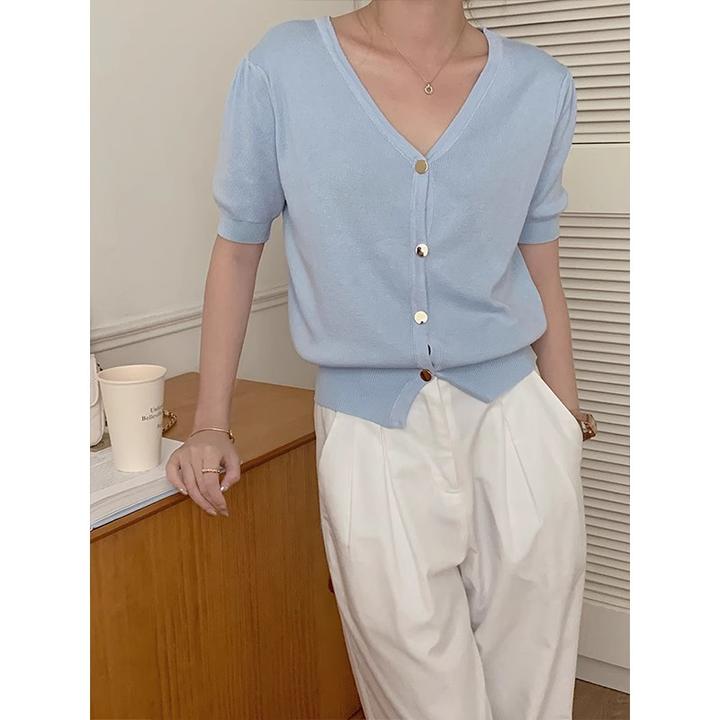 法式蓝色V领短袖针织开衫女薄款短款收腰打底针织衫上衣掐腰小衫