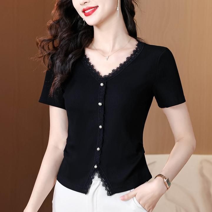 夏季时尚减龄洋气蕾丝拼接V领短袖T恤女气质修身显瘦百搭小众上衣