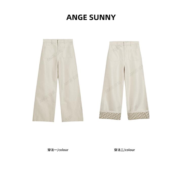 ANGE SUNNY【闪闪印花牛仔裤】di*r鎏金前置口袋可挽裤腿水洗长裤