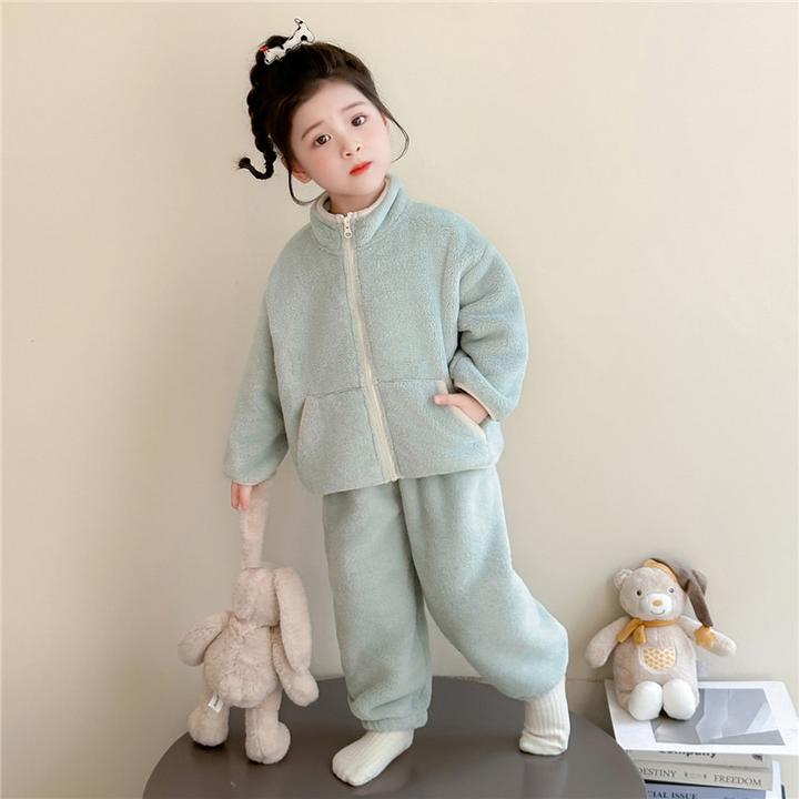 女童睡衣冬季加厚款宝宝法兰绒保暖家居服女孩拉链儿童珊瑚绒套装