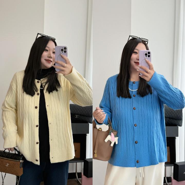 花契"霜阶踏月"大码女装秋冬宽松200斤胖mm慵懒针织开衫13890-H