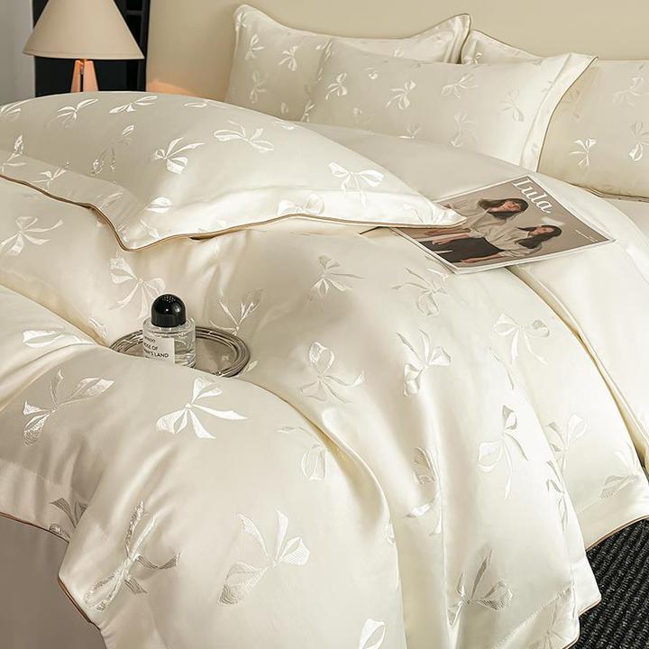 夏季水洗冰丝蝴蝶结提花四件套丝滑裸睡床上用品轻奢高级被套床单