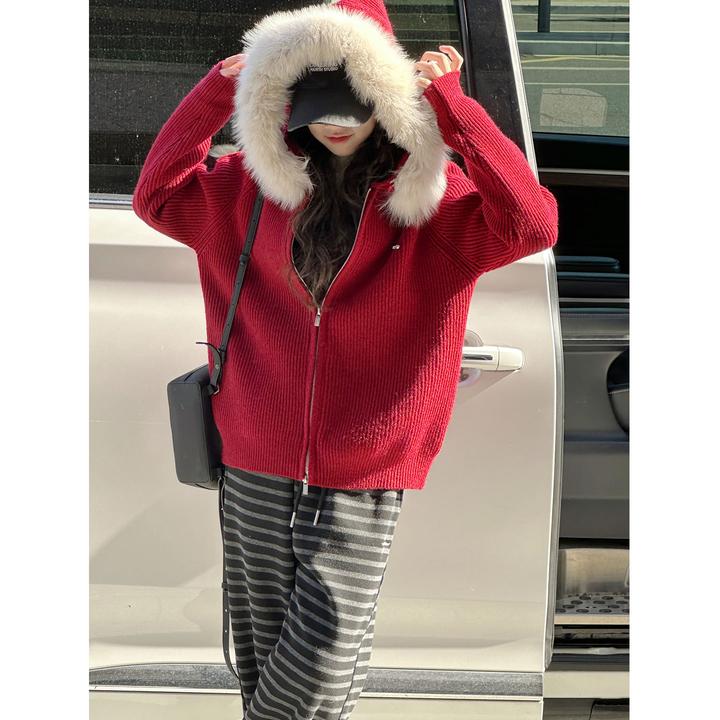 K30452慵懒毛领女童针织外套秋冬装新款2025儿童开衫毛衣红色年装