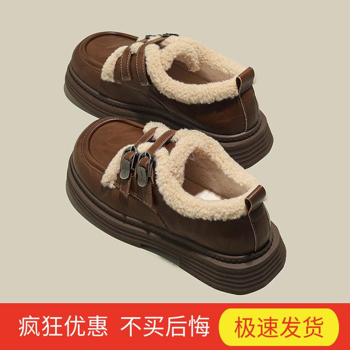 平底乐福鞋制服鞋女2024新秋冬加绒加厚双扣棉鞋厚底英伦风小皮鞋
