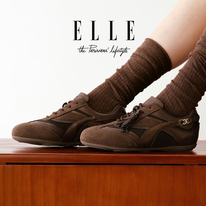 ELLE串珠流苏薄底德训鞋女秋爆款牛皮棕色舒适百搭复古休闲运动鞋
