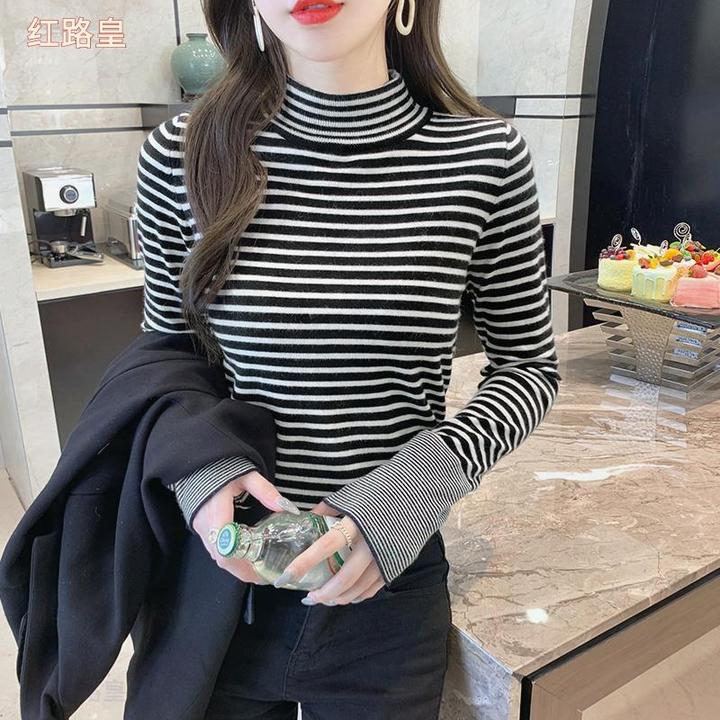 条纹打底衫女士春秋内搭半高领加绒加厚毛衣2023新款爆款洋气高级