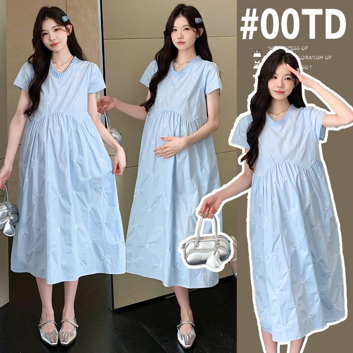 孕妇装夏季2025蝴蝶刺绣百褶领甜美时尚中长款孕妇连衣裙外穿