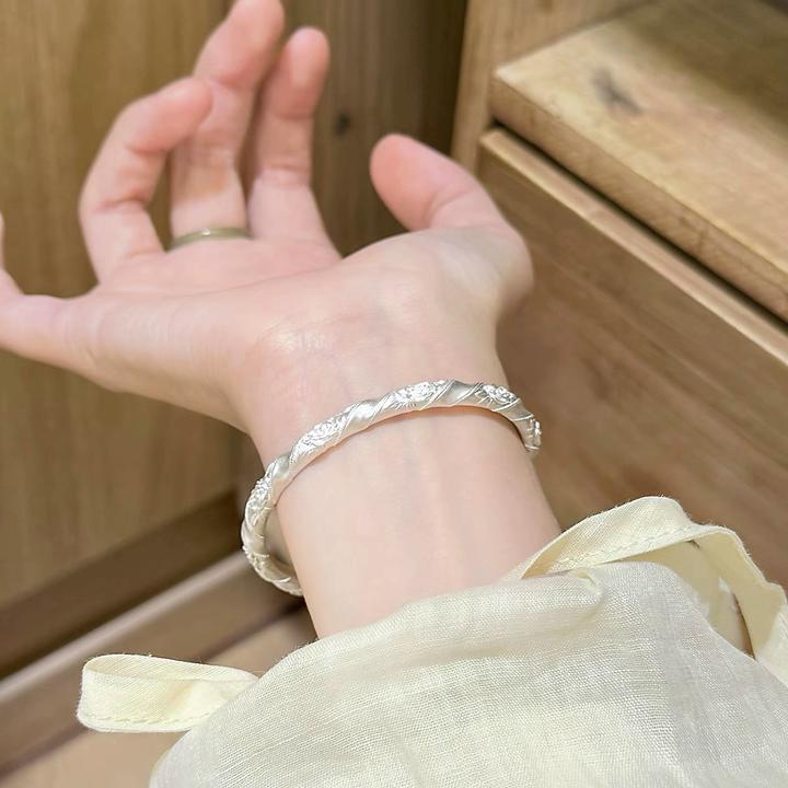 足银手镯 新中式玫瑰扭纹飘带纯银999.9精致百搭银手镯送女友礼物