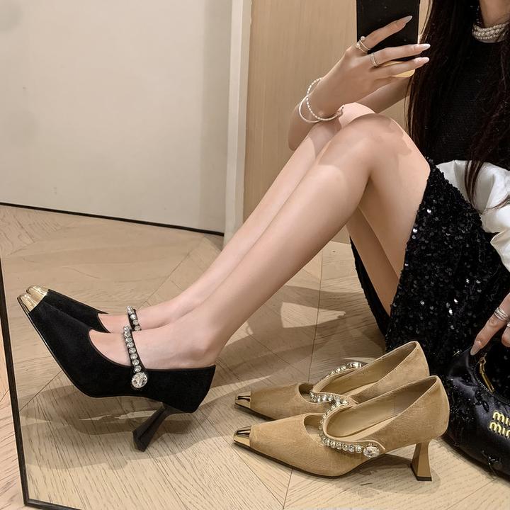 羊翻皮~7cm金属防踢尖头水钻链条时尚春秋季欧若风细跟气质高跟鞋