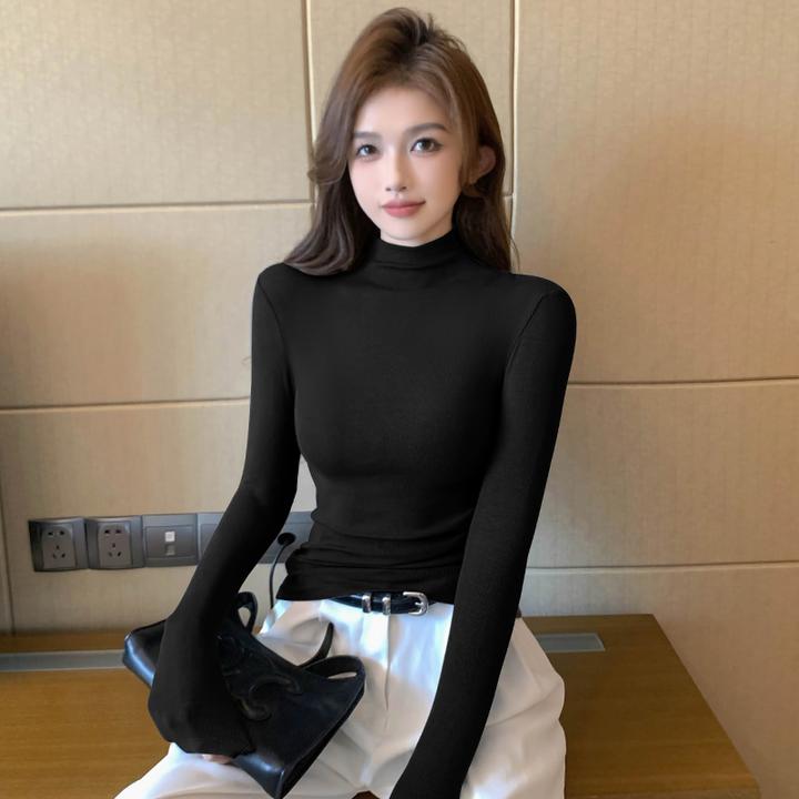 螺纹半高领长袖打底衫女春秋内搭t恤新款修身正肩打底衫针织上衣