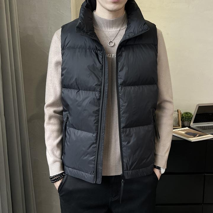 卓伊纳比立领羽绒马甲男士短款无袖羽绒服灰鸭绒修身保暖外套马甲