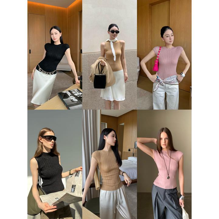 周淼【织金贵女】羊毛半高领针织上衣女修身无袖针织背心ZM25M5134J
