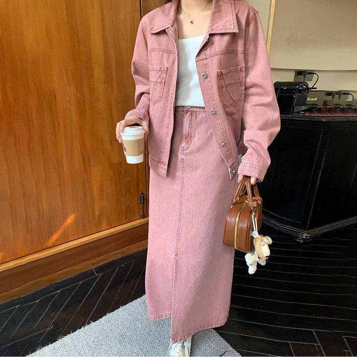 复古粉色牛仔套装裙女2025秋季新款设计感休闲工装短外套半身裙
