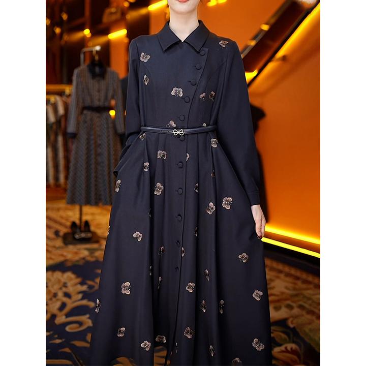 送腰带！时尚优雅轻奢气质连衣裙女2025秋季新款印花POLO领中长裙