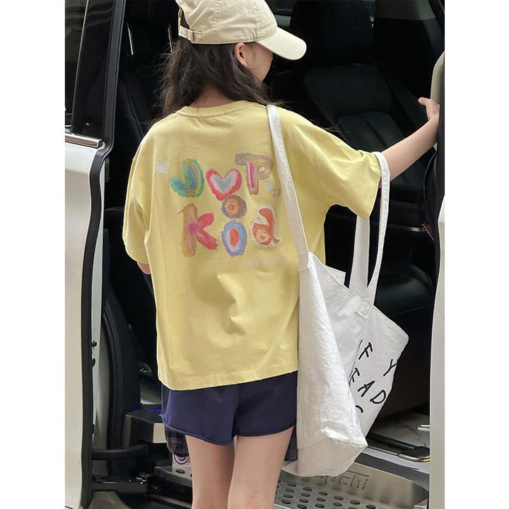 K28951涂鸦女童T恤短袖2025新款夏装休闲儿童上衣女大童百搭衣服t