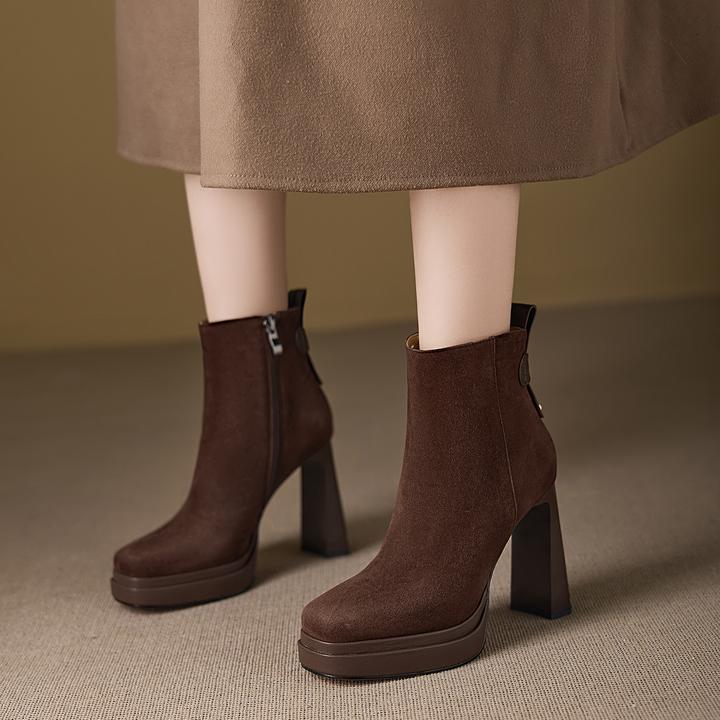 超高跟方头短靴2025秋冬真皮粗跟防水台小个子厚底棕色高跟马丁靴